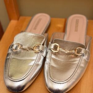 Metallic Silver Slip-On Mule with Gold Bit Detail